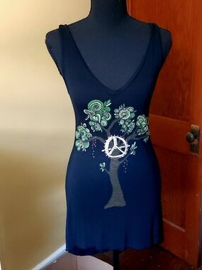 Signorelli Black V-Neck Slip Dress with Green Floral Peace Tree